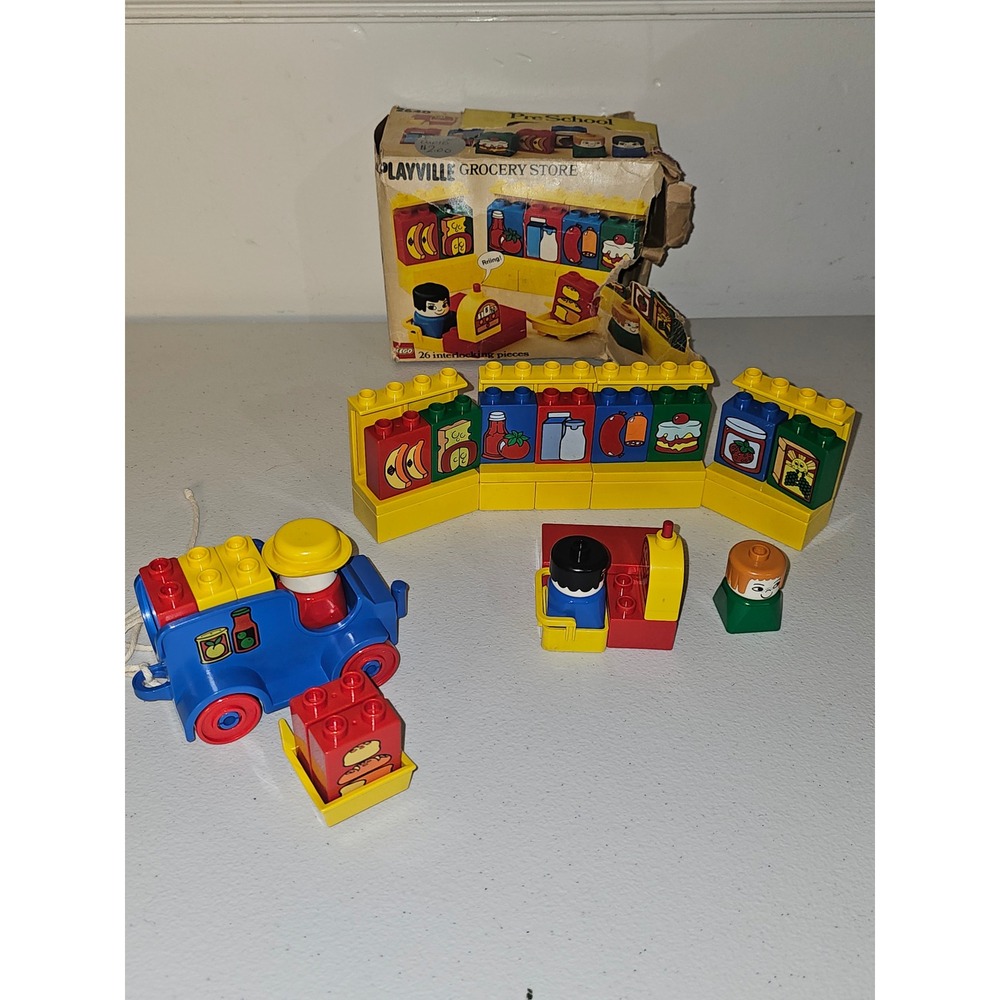 Vintage 1980 Lego Duplo 2640 & 2623 Grocery Store & Delivery Van / Truck Sets